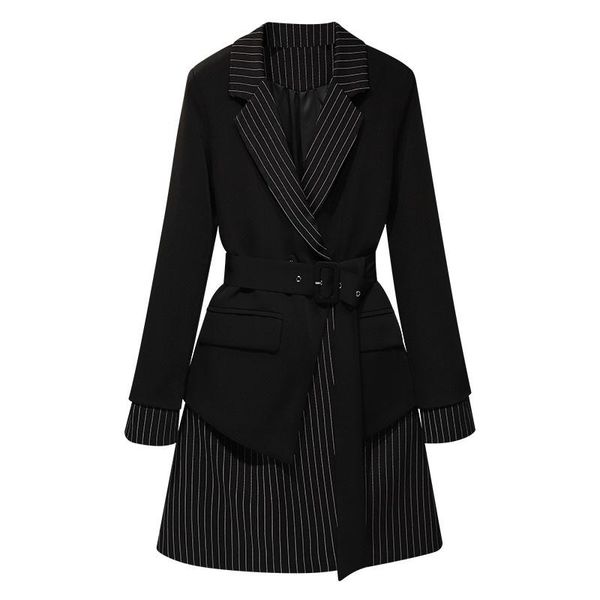 

casual dresses [ewq] v-neck collar long sleeve high waist temperament patchwork suit dress with belt street style 2021 spring, Black;gray