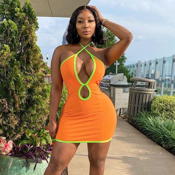 

casual dresses angel 2021 knitting solid mini dress women hollow out sleeveless halter summer splicing club streetwear ag32021, Black;gray