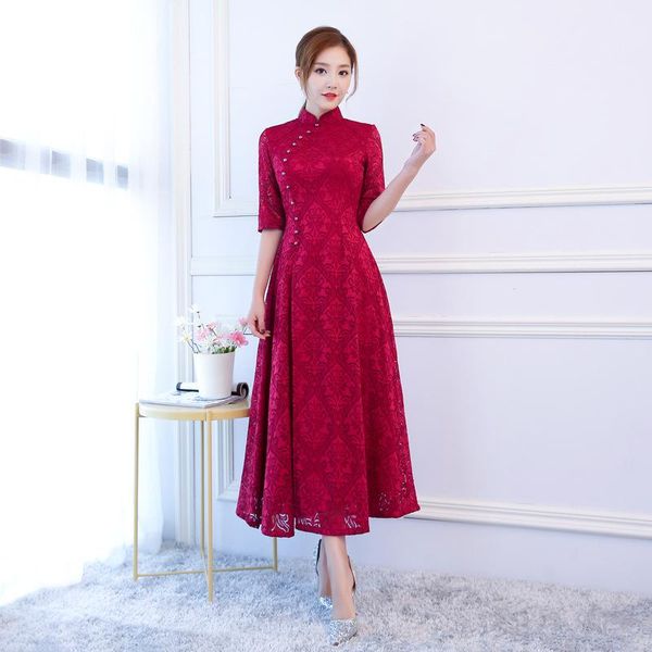 

ethnic clothing vintage chinese bride wedding dress lace beaded cheongsam women slim long qipao spring autumn vestidos plus size s-4xl, Red