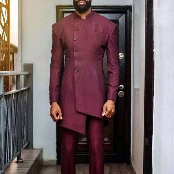

men's suits & blazers burgundy suit elegant for wedding groom tuxedos with stand collar 2 pieces male fashion long jacket pants 2021, White;black