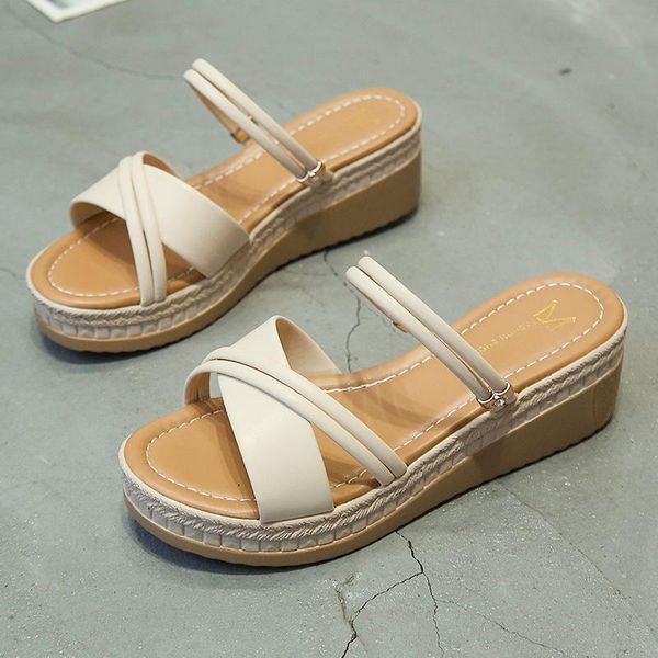 

dress shoes woman pointed toe wedge casual slippers women slip on fashion beach sandals pleated female two wear 2021 u23, Black