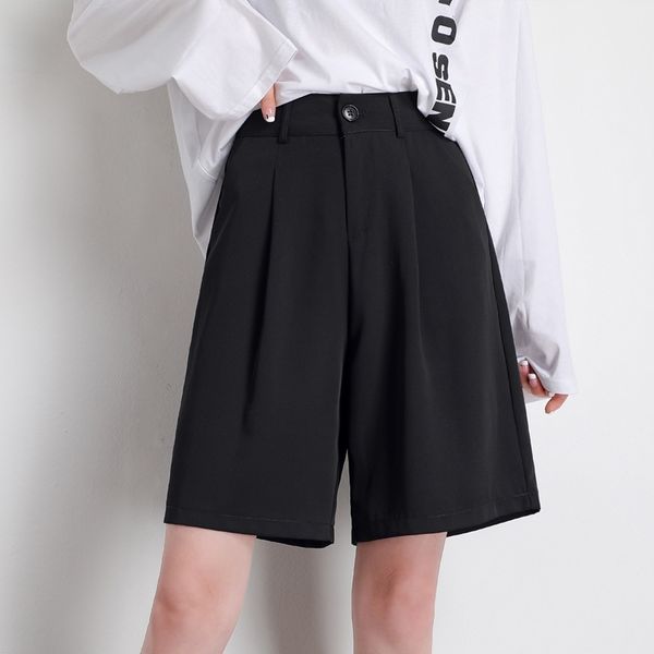 

five point suit shorts women's summer tweed loose high waist a-line drop feeling thin wide leg straight tube hong kong style pants, Black