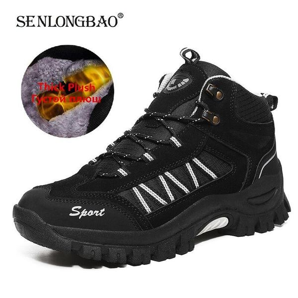 

boots winter men's waterproof leather hiking warm fur snow men outdoor work casual shoes ankle size 39-48, Black