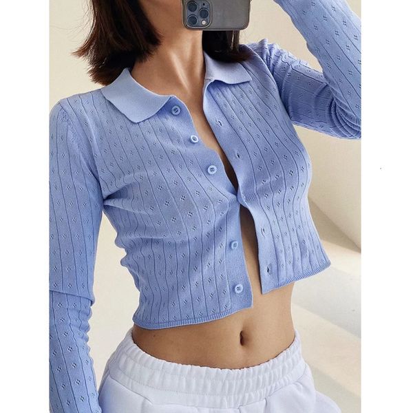 

women's t-shirt slim long sleeve knitted crop cardigans woman hollow out single breasted short vintage autumn t-shirts o, White