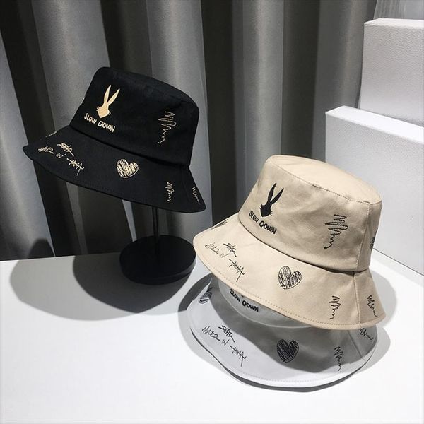 

black white embroidery rabbit pattern bucket hat caps hip hop men women uv cap beach sun fisherman panama, Blue;gray