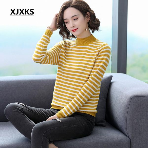 

women's sweaters xjxks fashion striped women turtleneck sweater 2021 winter thick and comfortable 100% wool knitted pullover, White;black
