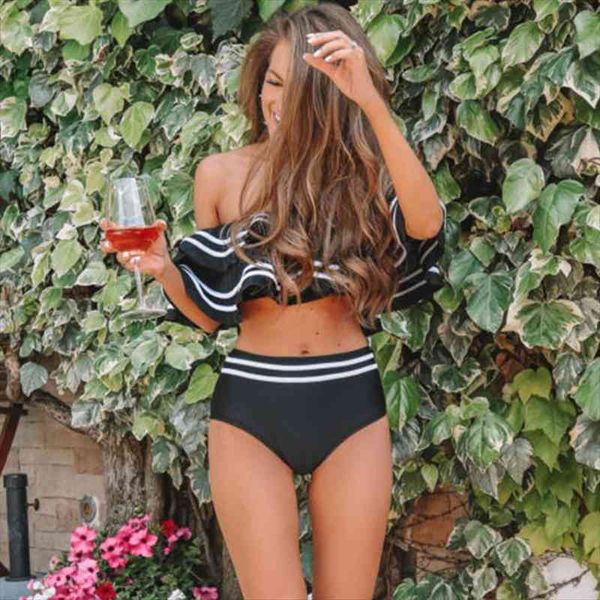 

high waist bikini set off shoulder swimwear women swimsuit ruffle bathing suit beachwear biquini female, White;black