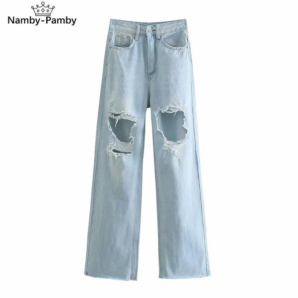 

women's jeans woman fashion 2021 high waist streetwear hole summer buttons casual cowboy straight-leg women chic mujer, Blue