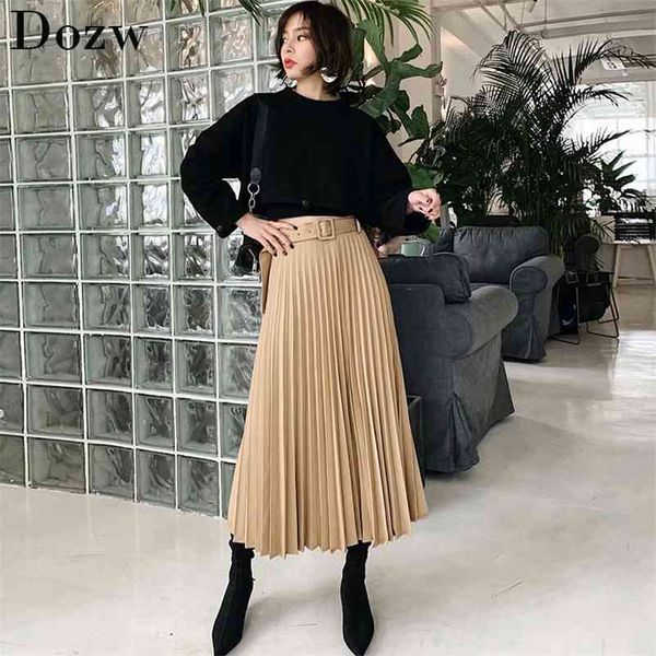 

solid pleated loose skirt sashes mid calf skirts womens high waist vintage faldas spring autumn pure quality jupe femme 210515, Black