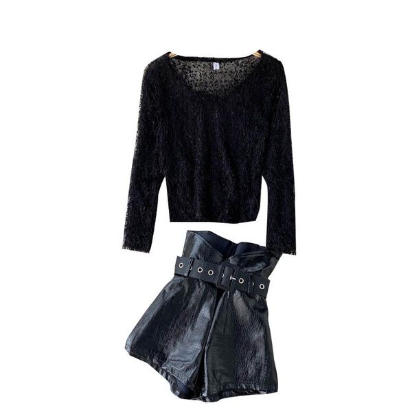 

women's tracksuits wigadfhk korean fashion two piece suit autumn slim furry fringed crop leather wide leg shorts women long sleeve set, Gray