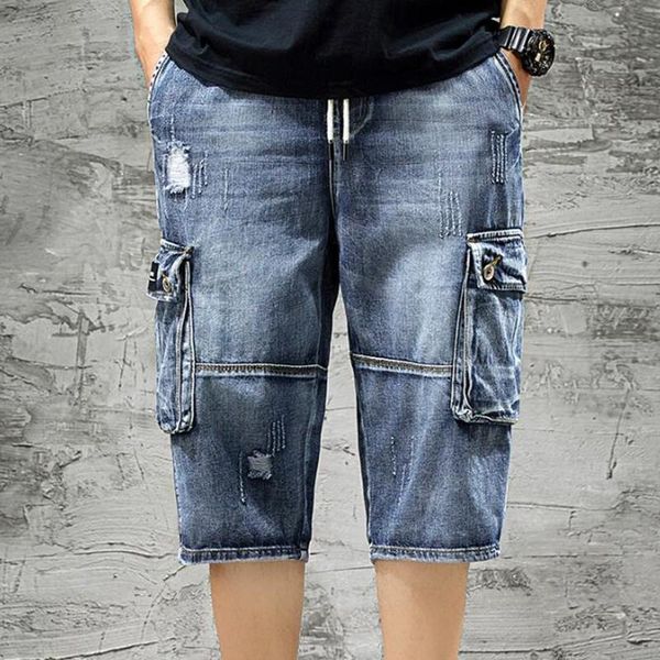 

men's jeans denim shorts straight multi-pocket baggy cargo trousers men summer bottoms, Blue