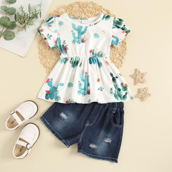 

clothing sets baby girl clothes toddler kids summer sunflowers floral +ripped denim shorts outfit childern suit, White