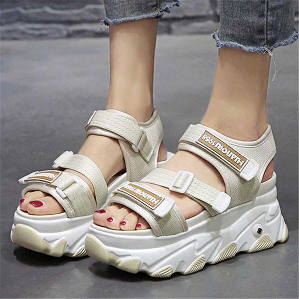 

sandals 8.5cm height increasing platform wedges women summer chunky heel student open toe beach shoes zapatos de mujer, Black