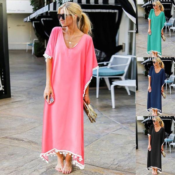 

women's swimwear chiffon tassels beach wear women swimsuit cover up bathing suits summer long dress loose solid pareo 2021, White;black