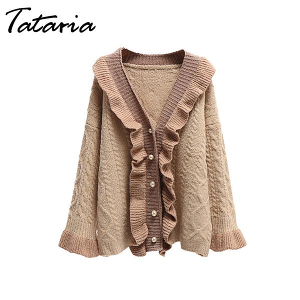 

1 knitted sweater women cardigan fashion ruffle wool cute for pearl beaded s 210514, White