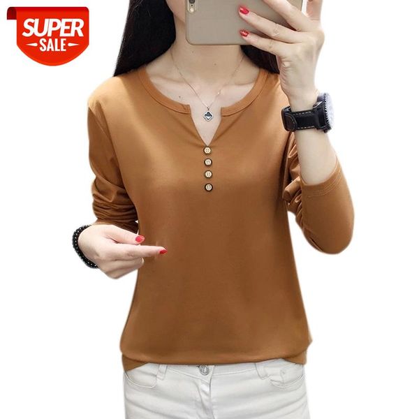 

plus size t shirt women t-shirts loose 2021 autumn winter fashion o-neck long sleeve t shirt women button tee femme #0f2n, White