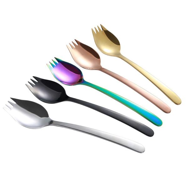 

forks 6pcs dual purpose noodle salad spoon fork stainless steel dinner tableware for eating (silver)