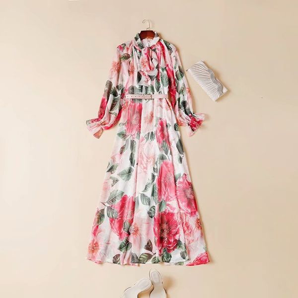 

casual dresses european and american women's clothing spring long sleeve bow collar fashionable belt floral print dress hrgy, Black;gray