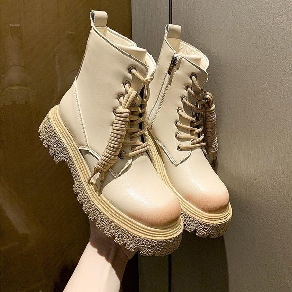 

boots fashion women 2021 lace up motorcycle ankle chunky shoes punk gothic platform female black beige