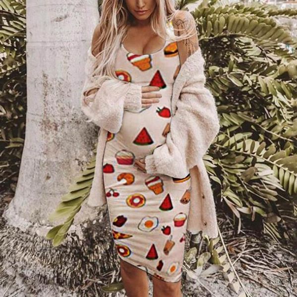 

maternity dresses clothing women dress pregnancy fashion fruit printing sleeveless vest for pregnant, White