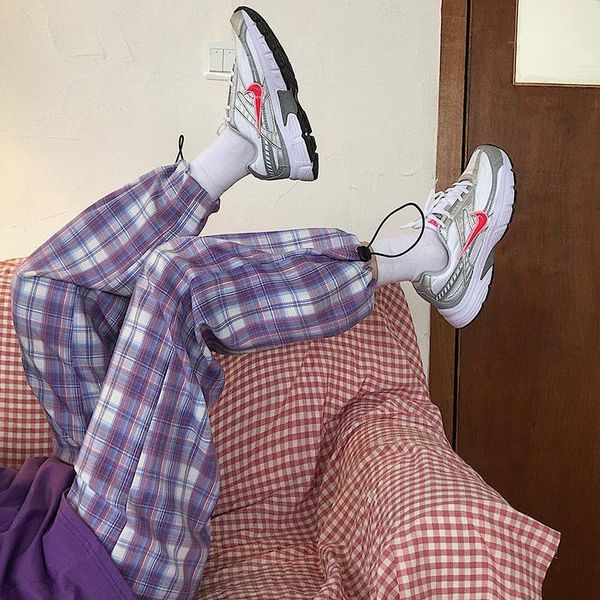 

purple casual checkered korean fashion women pants high waist trousers hip hop straight sweatpants streetwear, Black;white