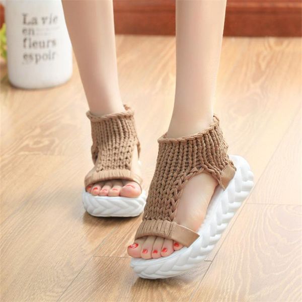 

knitted elastic mesh platform sandals 2021 summer shoes women fashion open toe flat sweet hollow slip-on female, Black