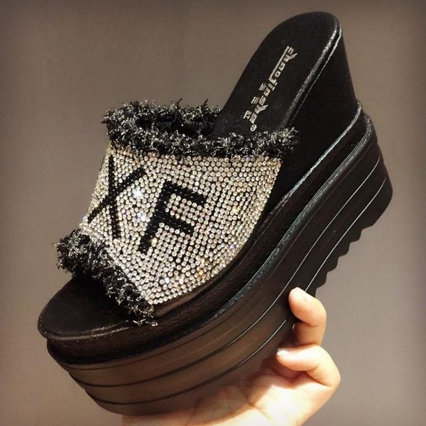 

slippers summer fashion wear women's 2021 korean high heeled platform sponge cake thick soled sandals and slippers-in slippe, Black