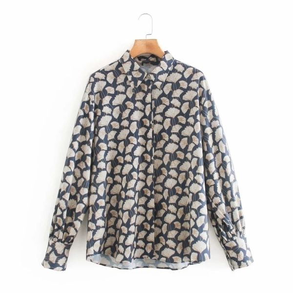 

vintage women gingko leaf printing long sleeve shirt casual femme turndown collar blouse lady loose smock blusas s7908 210317, White