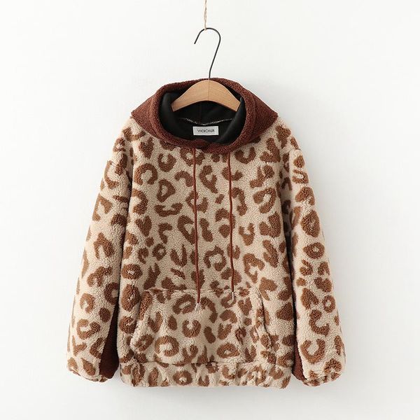 

women's hoodies & sweatshirts autumn winter women girl lambswool loose hooded hoddies leopard thicken pullovers sweatershirts female, Black