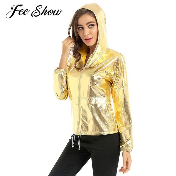 

women's jackets womens fashion shiny metallic loose jacket coats long sleeves zipper up drawstring hem hooded outwear for club festival, Black;brown