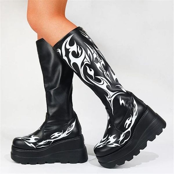 

boots 2021 women autumn winter knee high female pu leather platform heels shoes ladies thick bottom slip on long boot, Black