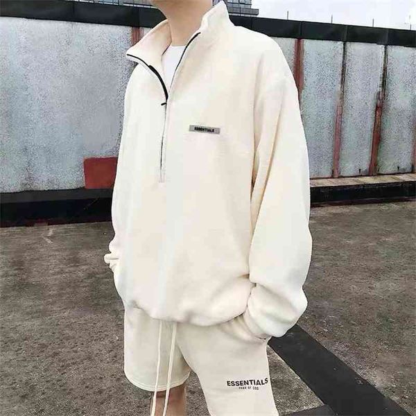 

feel of god multi thread essentials fleece semi zipper stand collar sweater men's fog high street loose, Black