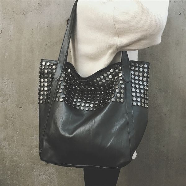 

big bag women 2021 summer female shopper bag handle tote studded large capacity soft leather handbag black one shoulder bag