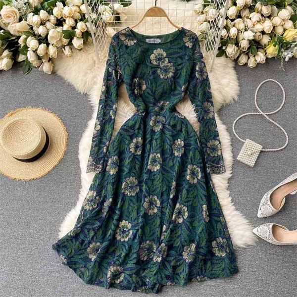 

spring and summer fashion women round neck lace long sleeve high waist slim a-line dress elegant vestidos r390 210527, Black;gray