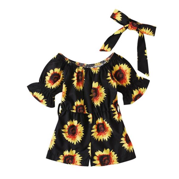 

girl's dresses 12m-4t baby kids girls summer clothes flare sleeve flower print romper jumpsuit headband set outfit baby's clothing, Red;yellow