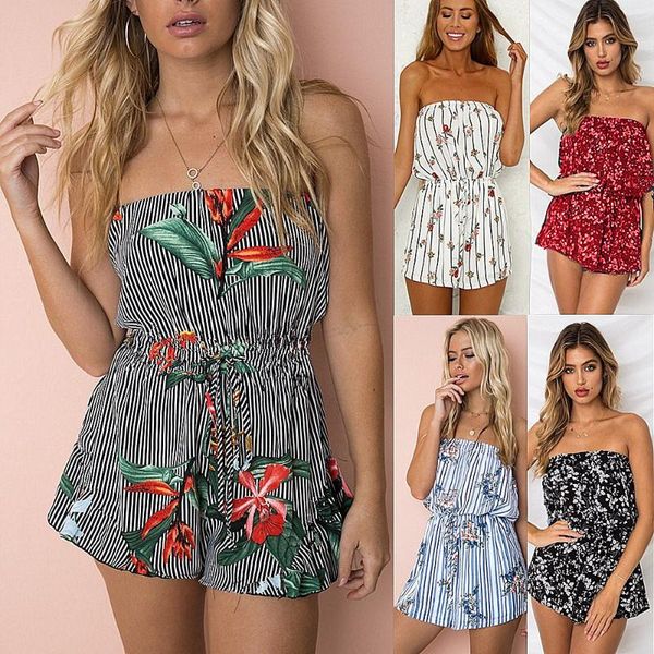 

women summer off shoulder floral print playsuits office ladies casual sleeveless short jumpsuit romper femme overalls women's jumpsuits, Black;white