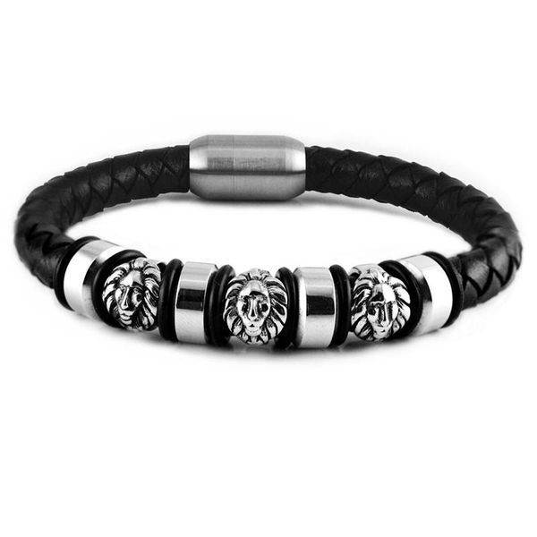 

charm bracelets european style genuine leather with magnet clasp fashion 316l stainless steel lion bangle punk jewelry for women gift, Golden;silver