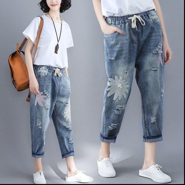 

mom 9 point pants elastic womens jean waist high wais size denim boyfriend for women washed cotton fashion, Blue