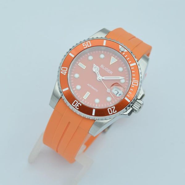 

wristwatches bliger 40mm automatic men's sapphire glass waterproof rubber strap orange dial nh35 nh36 mechanical watch, Slivery;brown