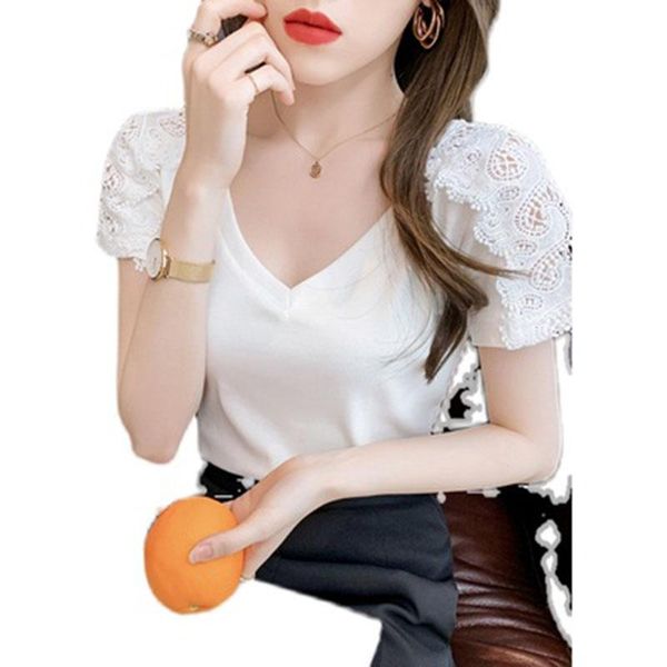 

women's t-shirt ggright lace casual women summer hollow out short sleeve knitted cotton tee shirt black white korean