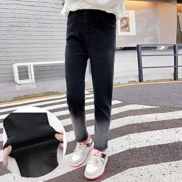 

jeans high elastic skinny pants teenage girls tassels mid waist black gray patchwork denim trousers for kids fashion bottoms, Blue