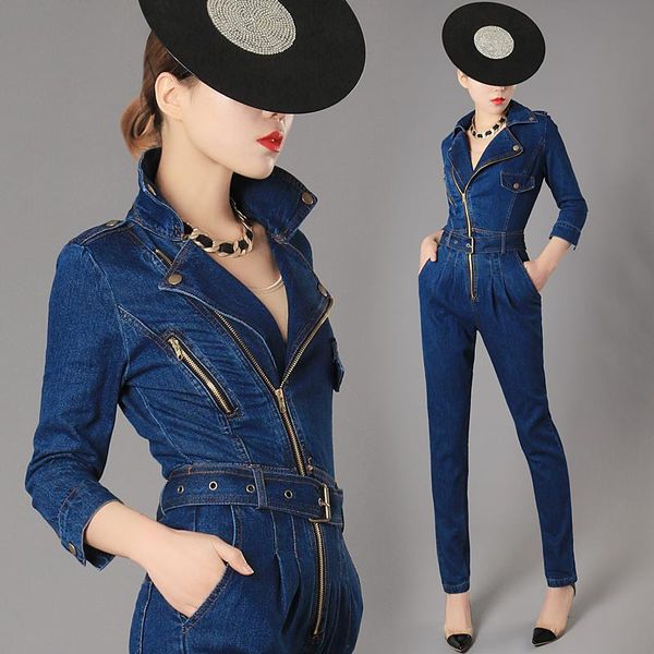 

women's jumpsuits & rompers luxury fashion womens zip female slim fit skinny jeans belted denim size s-xl, Black;white