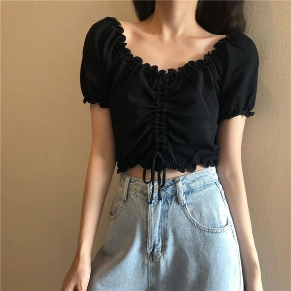 

women's blouses & shirts 2021 fashion lace up women summer off shoulder crop black shirt puff sleeve harajuku female blouse, White