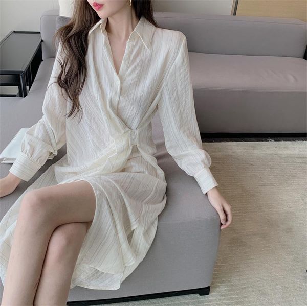 

casual dresses two piece set vintage style korean white a-line v-neck striped long sleeve dress ins aesthetic clothes for women autumn, Black;gray