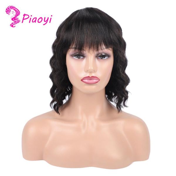 

hair bulks human body wave bob with bangs for women 150% natural weave bang short full, Black
