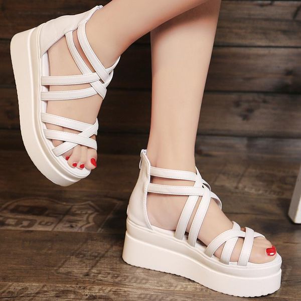 

sandals 2021 women cross-tied gladiator thick bottomed platform shoes summer solid color back zipper female chunky peep to, Black