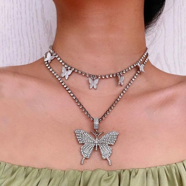 

hip hop 2pcs shiny rhinestone butterfly charm necklace set for women iced out butterfly tennis choker pendant necklace jewelry, Silver