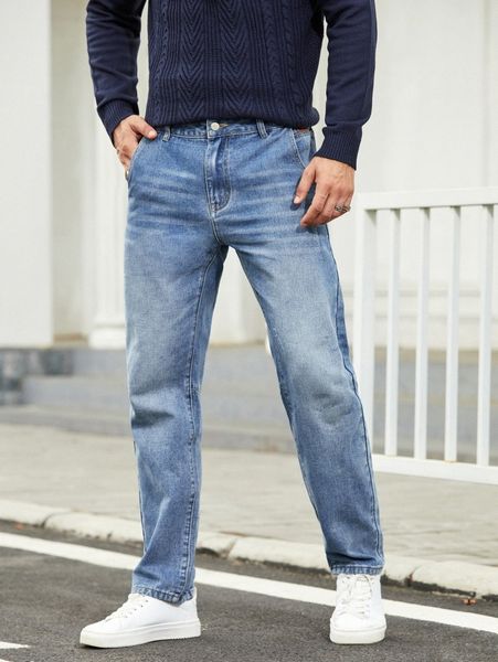 

men cat whisker washed straight leg jeans y9jz#, Blue