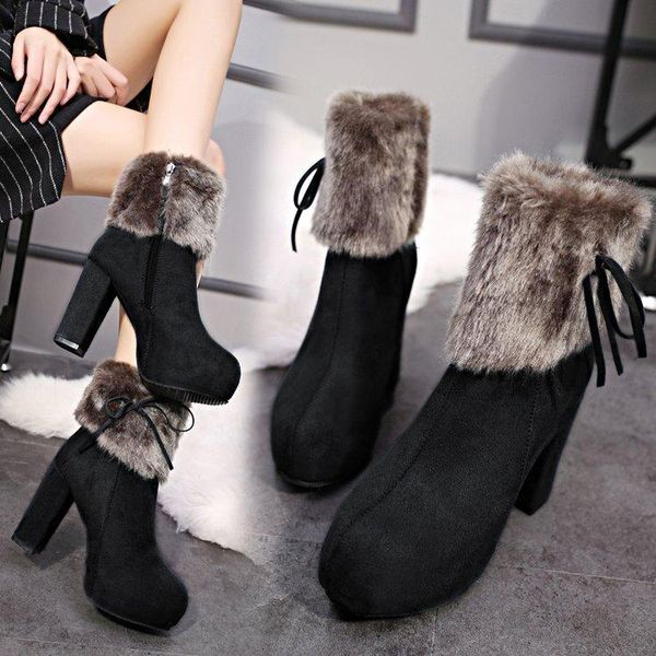 

boots winter thick with women's shoes high-heeled frosted, Black