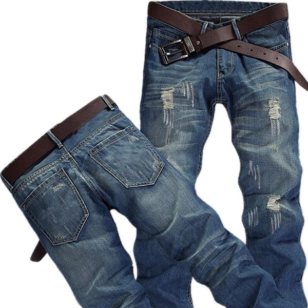 

men's jeans ripped biker for men skinny denim distressed masculino pants with hole 40 42 plus size blue man cothing